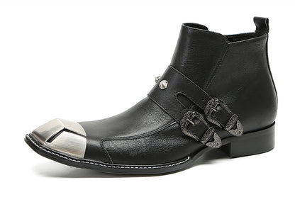 Mens Genunie Leather Metal Square Toe Buckles Zipper Ankle Western Boots