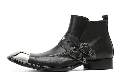 Mens Genunie Leather Metal Square Toe Buckles Zipper Ankle Western Boots