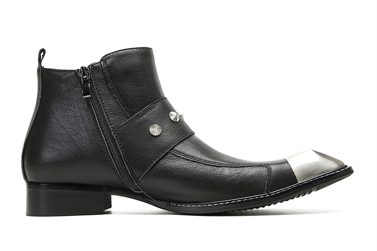 Mens Genunie Leather Metal Square Toe Buckles Zipper Ankle Western Boots
