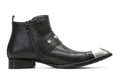 Mens Genunie Leather Metal Square Toe Buckles Zipper Ankle Western Boots
