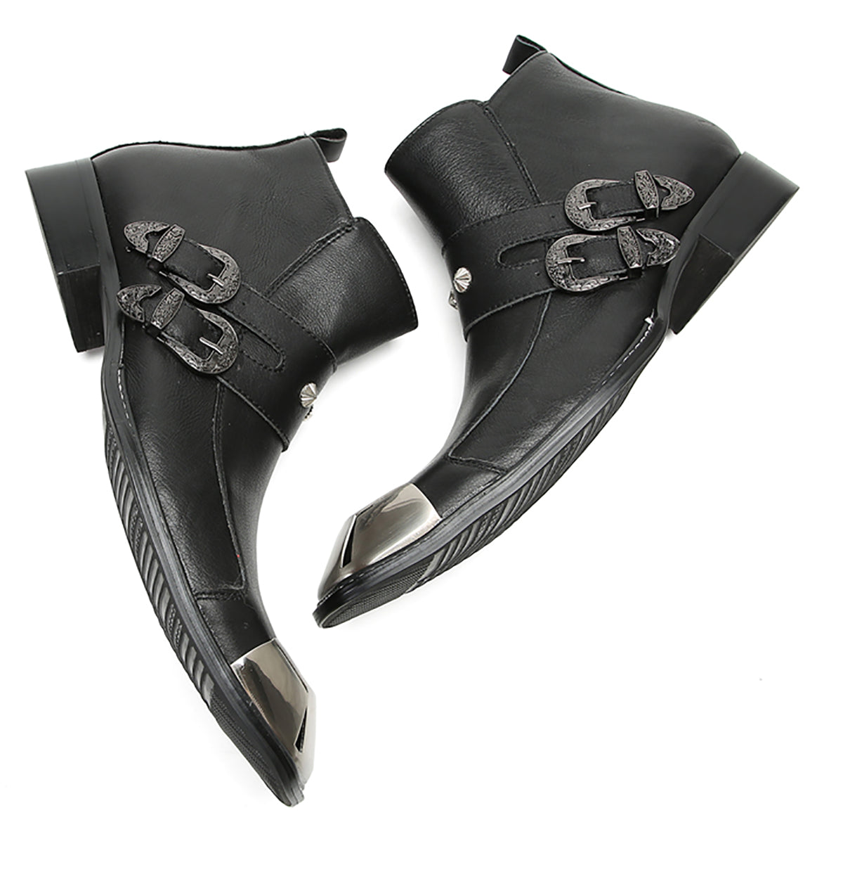 Mens Genunie Leather Metal Square Toe Buckles Zipper Ankle Western Boots