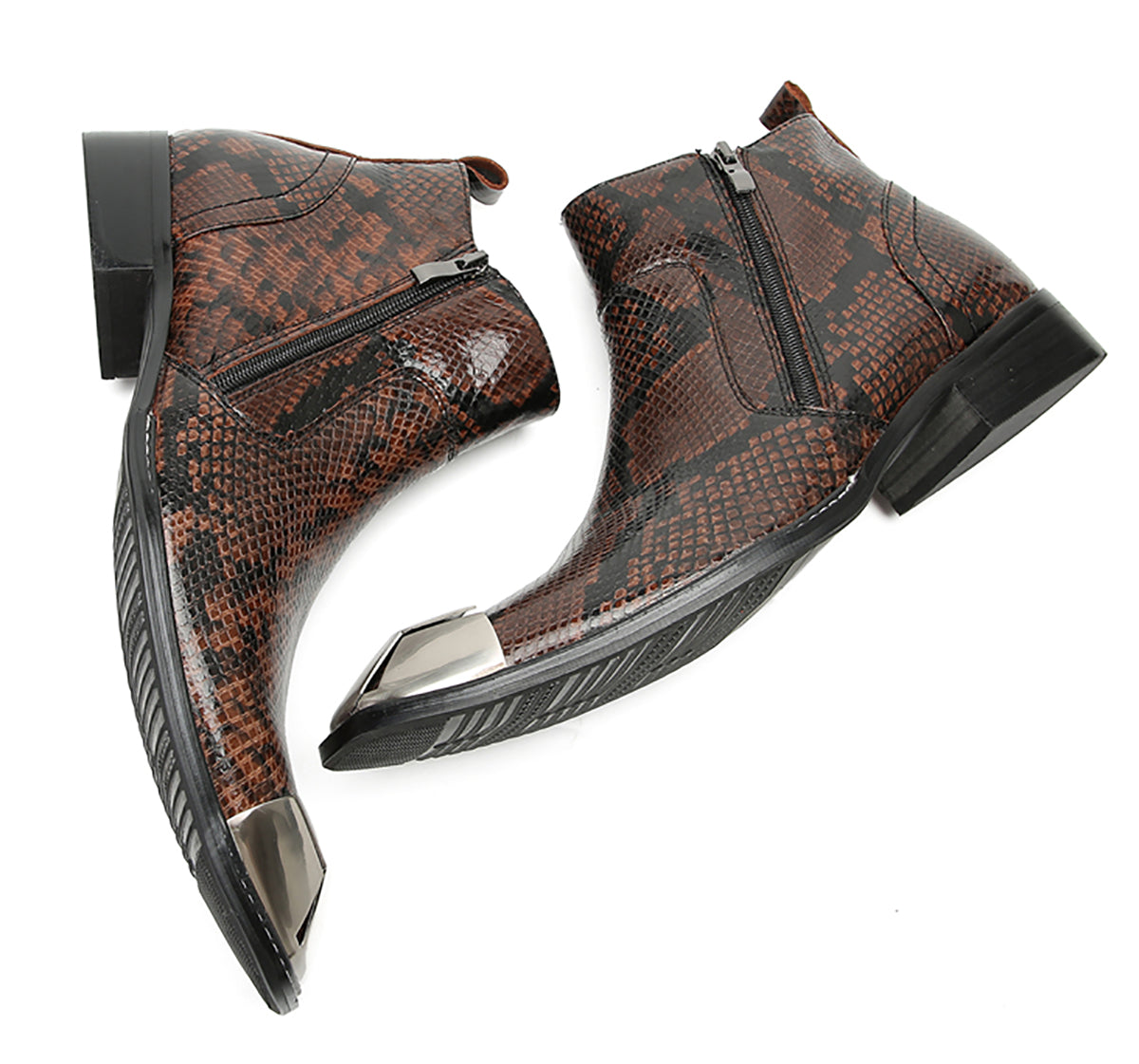 Mens Genunie Leather Metal Square Toe Double Zip Ankle Western Boots