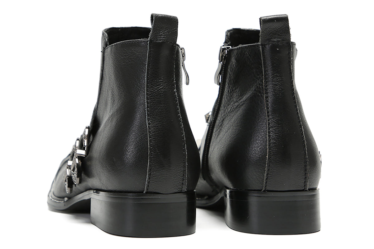 Mens Genunie Leather Metal Square Toe Buckles Zipper Ankle Western Boots