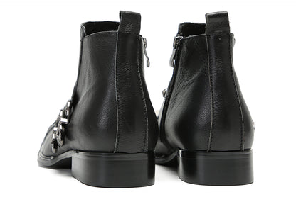 Mens Genunie Leather Metal Square Toe Buckles Zipper Ankle Western Boots