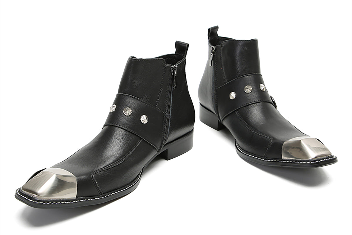 Mens Genunie Leather Metal Square Toe Buckles Zipper Ankle Western Boots