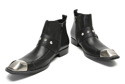 Mens Genunie Leather Metal Square Toe Buckles Zipper Ankle Western Boots