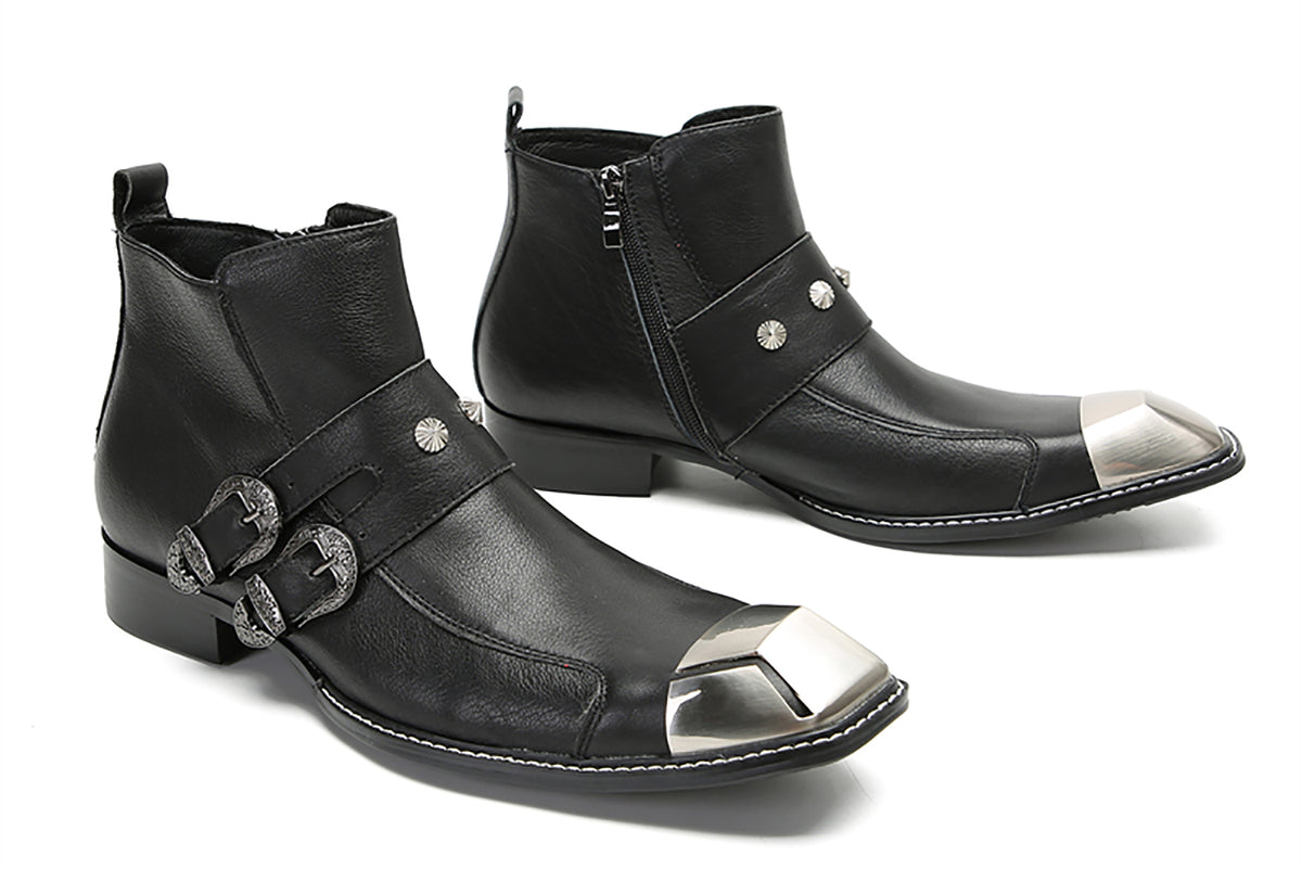 Mens Genunie Leather Metal Square Toe Buckles Zipper Ankle Western Boots