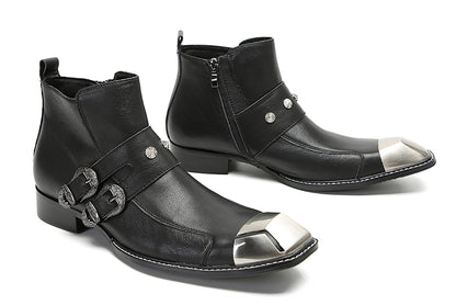 Mens Genunie Leather Metal Square Toe Buckles Zipper Ankle Western Boots