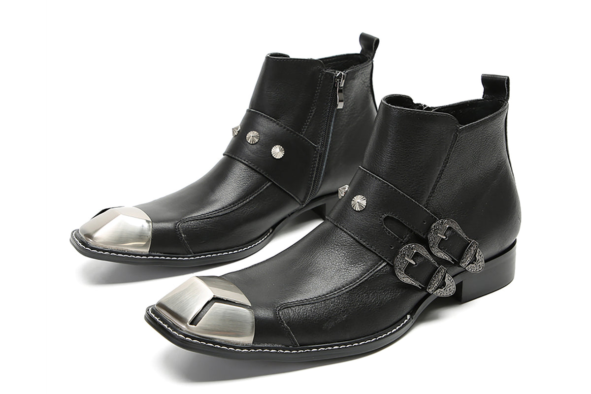 Mens Genunie Leather Metal Square Toe Buckles Zipper Ankle Western Boots