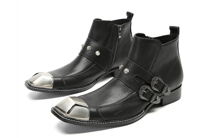 Mens Genunie Leather Metal Square Toe Buckles Zipper Ankle Western Boots