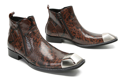 Mens Genunie Leather Metal Square Toe Double Zip Ankle Western Boots