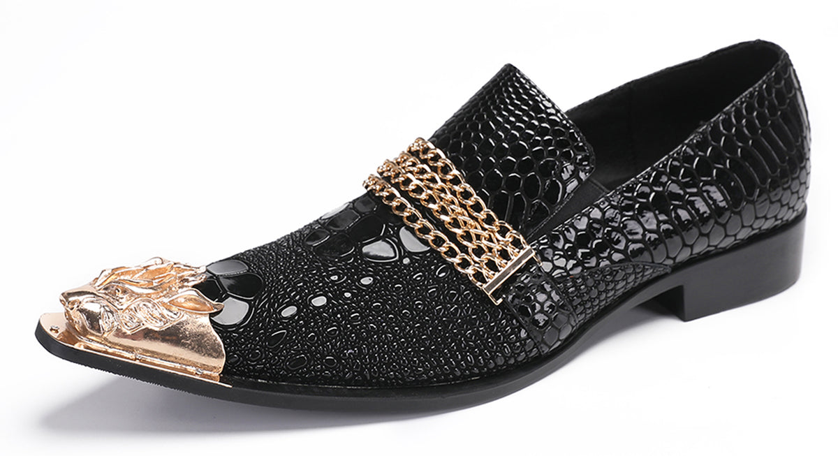 Mens Disco Party Casual Gold Chain Metallic Tip Western Loafers