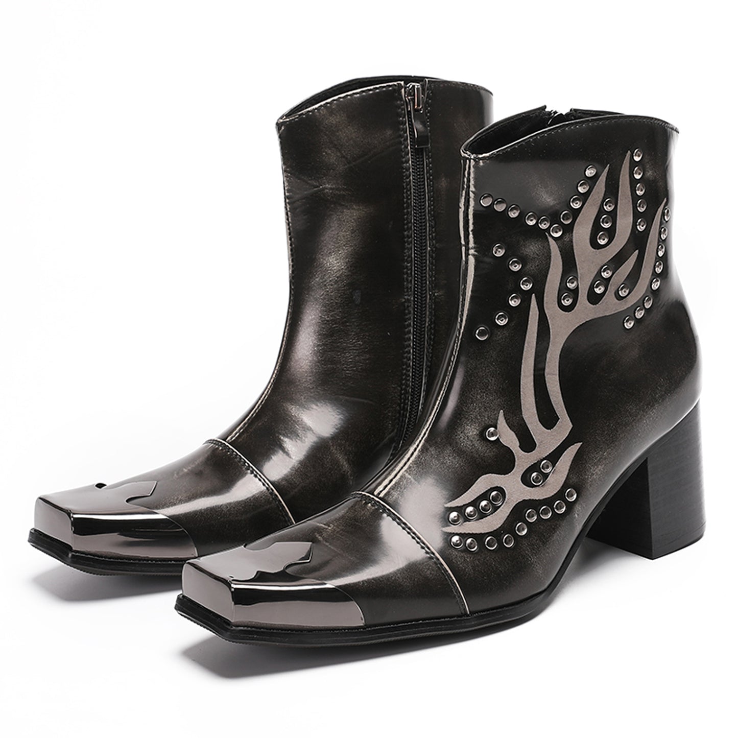 Mens Leather Metal Square Toe Flame Studded Dress Ankle Western Boots