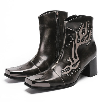 Mens Leather Metal Square Toe Flame Studded Dress Ankle Western Boots