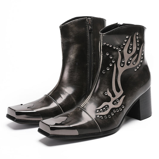 Mens Leather Metal Square Toe Flame Studded Dress Ankle Western Boots