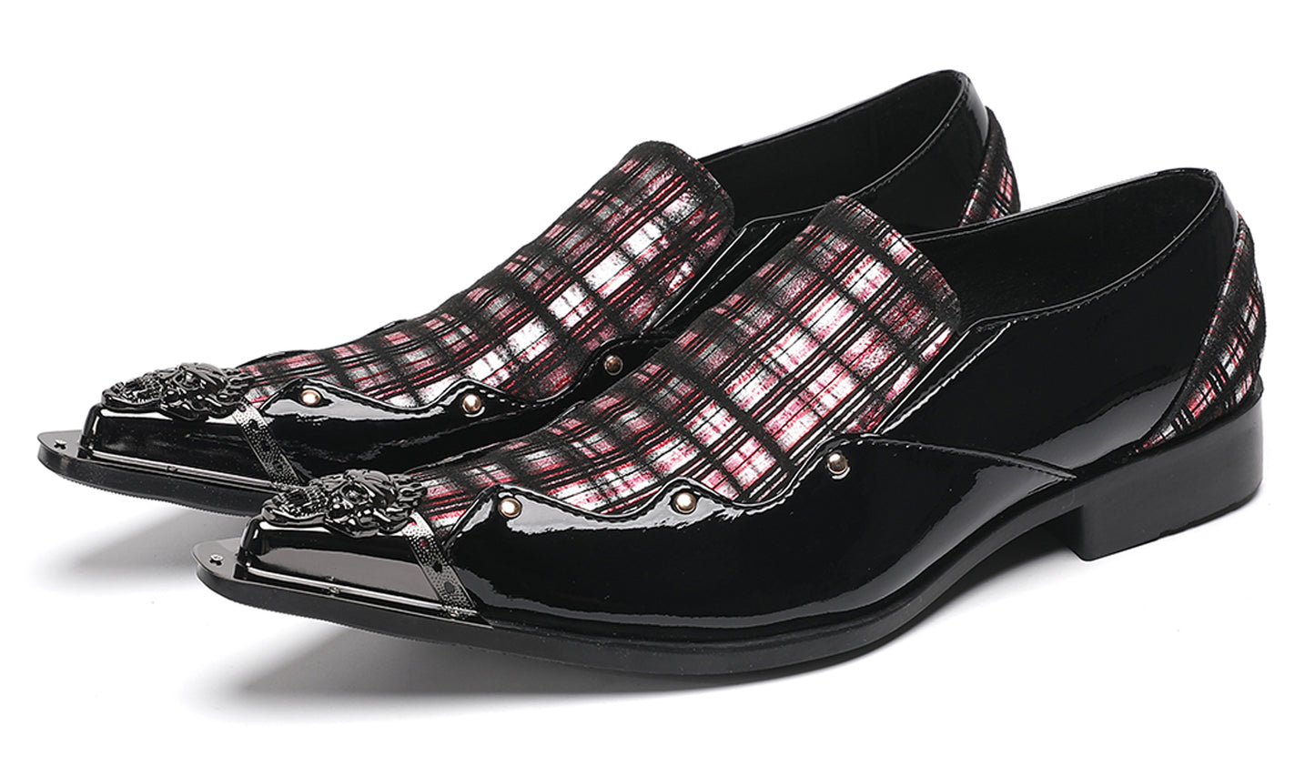 Mens Metallic Toe Unique Tartan Design Plaid Western Loafers