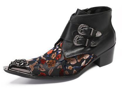 Mens Metal Pointed Toe Leather Fashion Zippe Ankle Western Boots