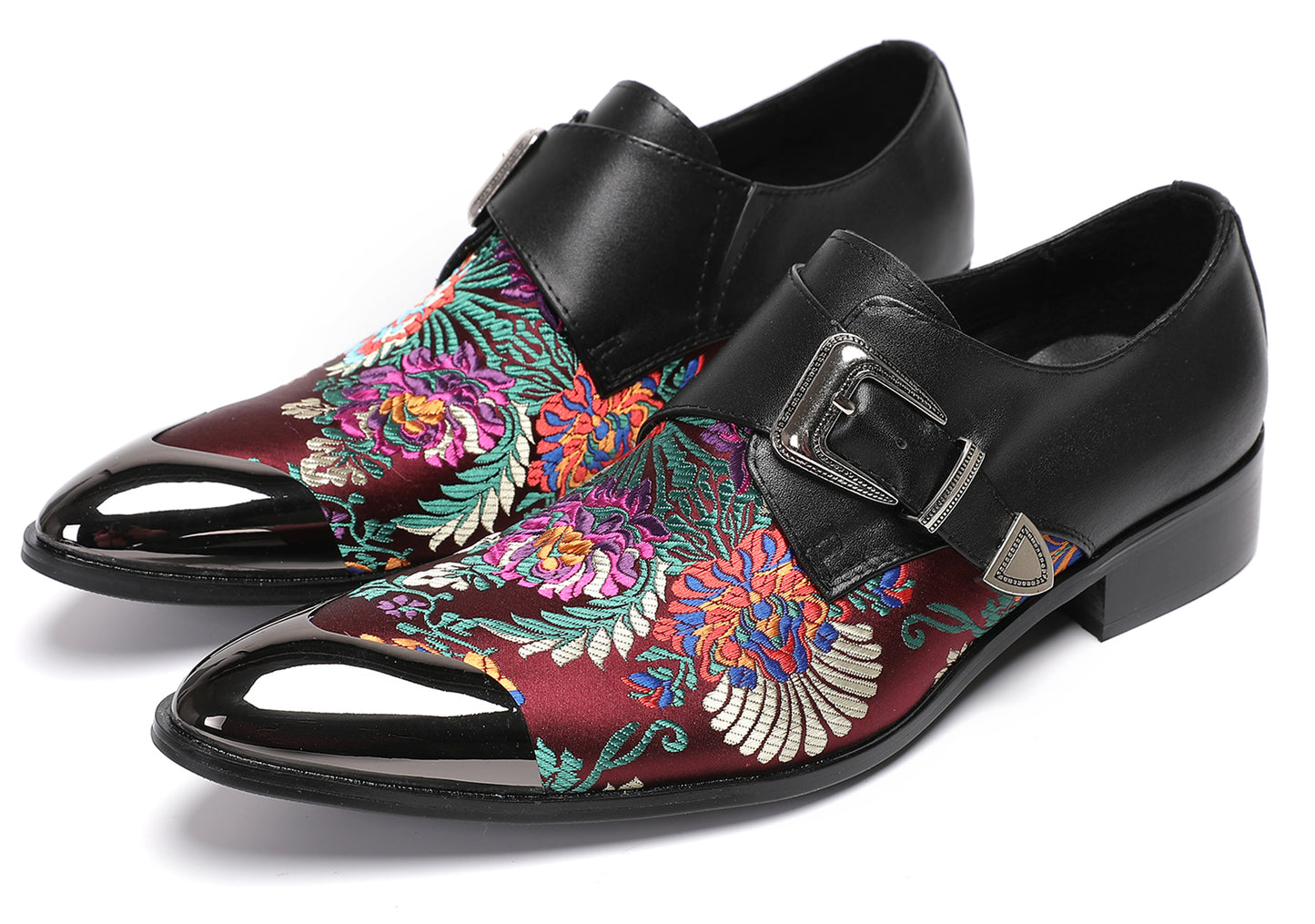 Mens Flower Embroidery Two-Tone Monk Strap Western Loafers