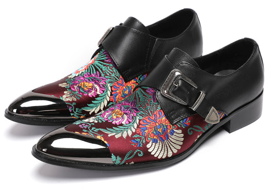 Mens Flower Embroidery Two-Tone Monk Strap Western Loafers