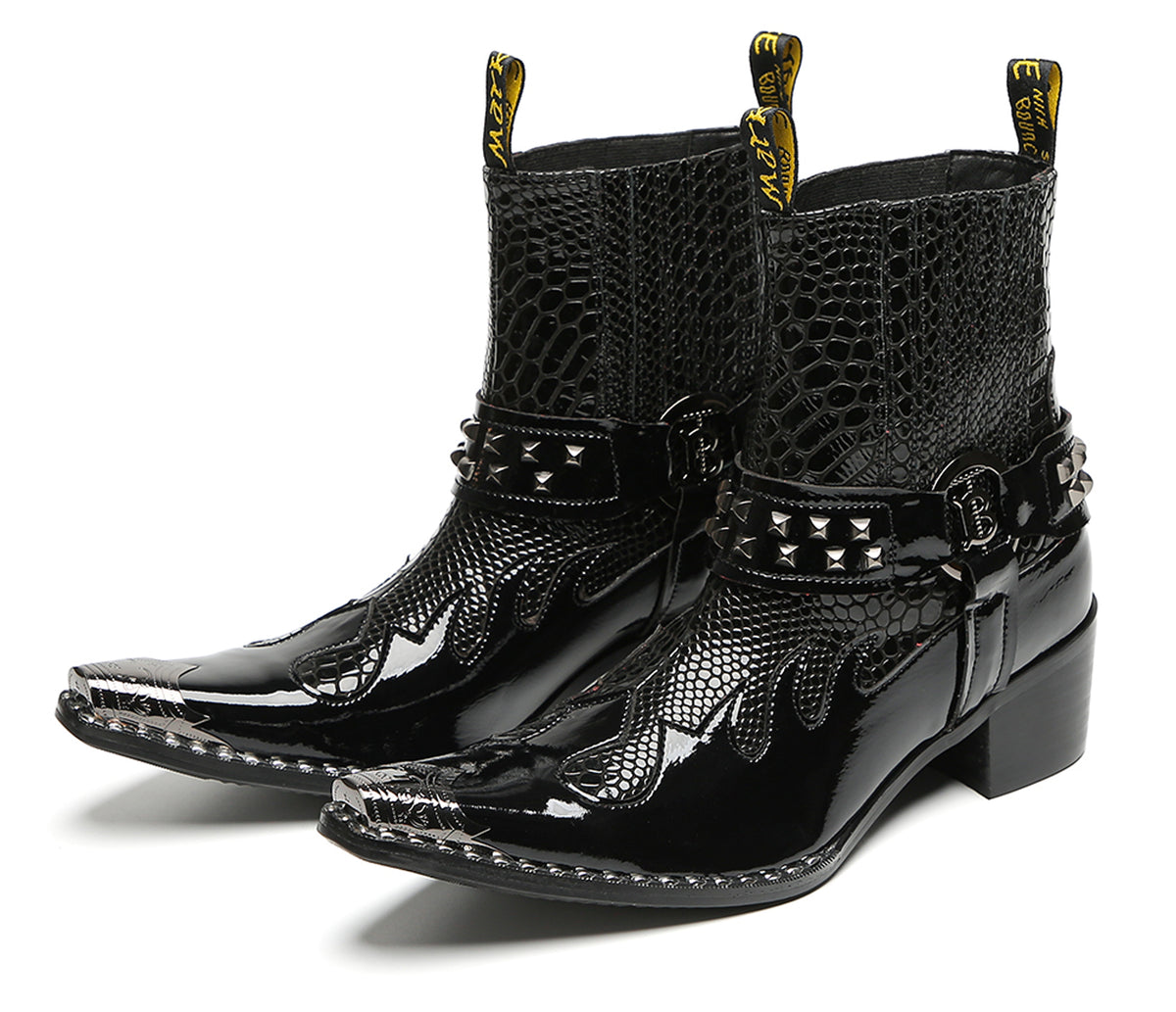 Mens Studded Snake Pattern Leather Cowboy Western Chelsea Boots