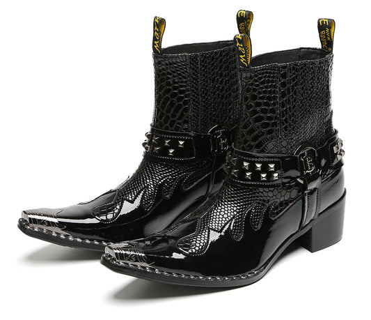 Mens Studded Snake Pattern Leather Cowboy Western Chelsea Boots