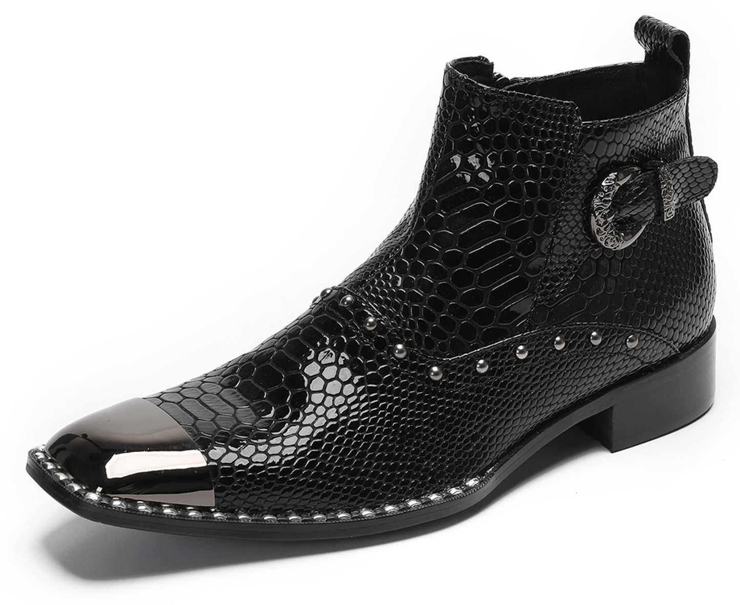 Mens Genuine Leather Snakeskin Texture Metal Square Toe Beads Western Boots