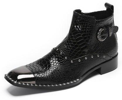 Mens Genuine Leather Snakeskin Texture Metal Square Toe Beads Western Boots