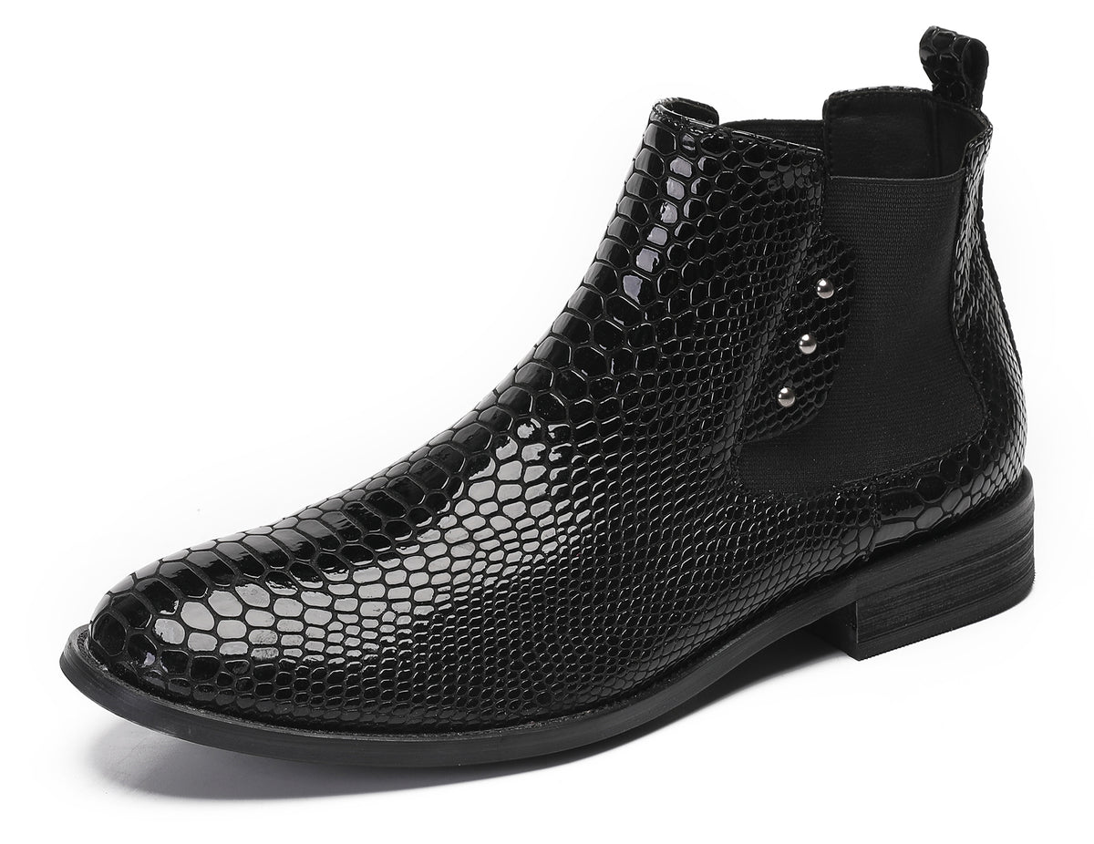 Mens Snakeskin Pattern Genuine Leather Zipper Beads Ankles Boots