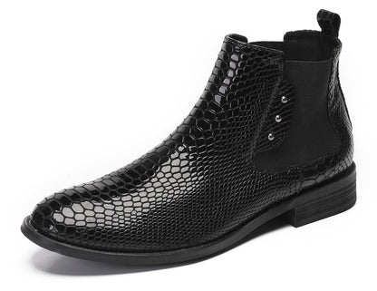 Mens Snakeskin Pattern Genuine Leather Zipper Beads Ankles Boots