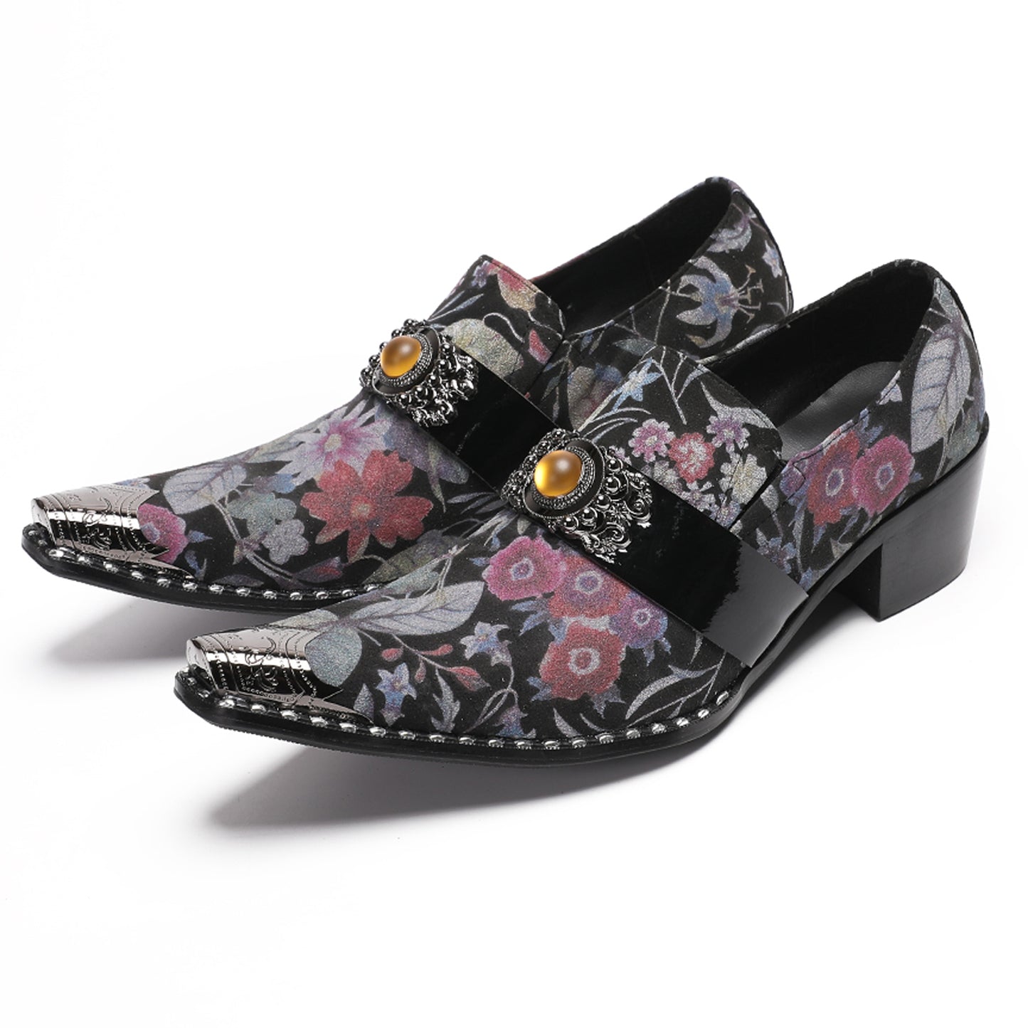 Mens Floral Leather Loafers Metal Toe Slip On Dress Shoes