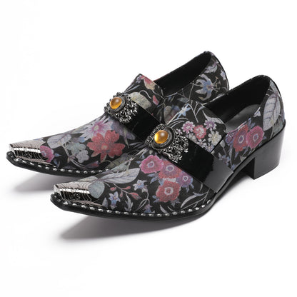 Mens Floral Leather Loafers Metal Toe Slip On Dress Shoes