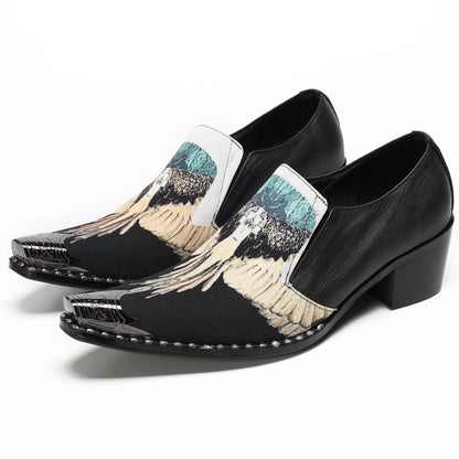 Mens Top-Grain Leather Eagle Print Slip On Western Loafers