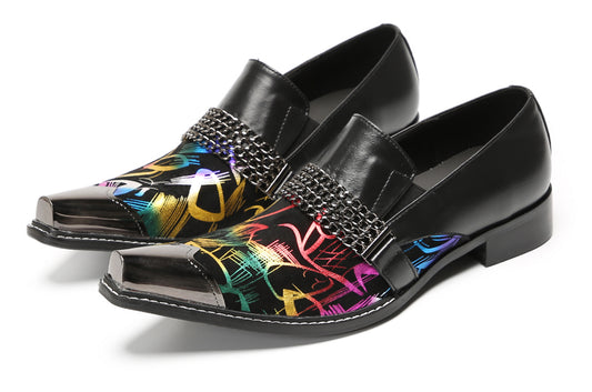 Mens Metal Pointed Cap Chain Decor Slip-On Dress Western Loafers