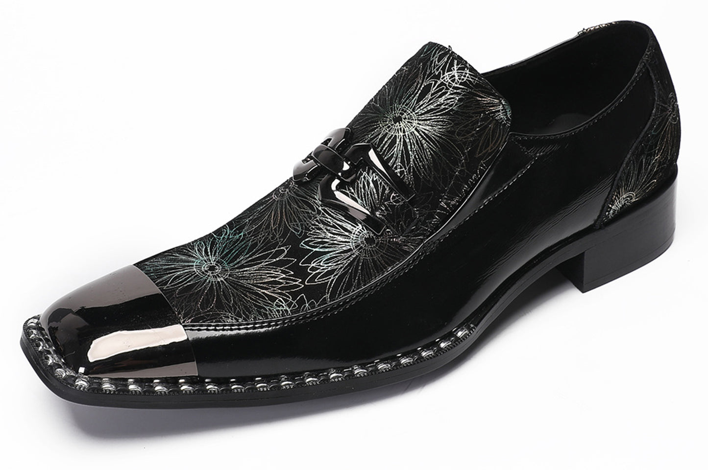 Mens Genuine Leather Sequin Metal Square Toe Western Loafers