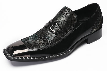 Mens Genuine Leather Sequin Metal Square Toe Western Loafers