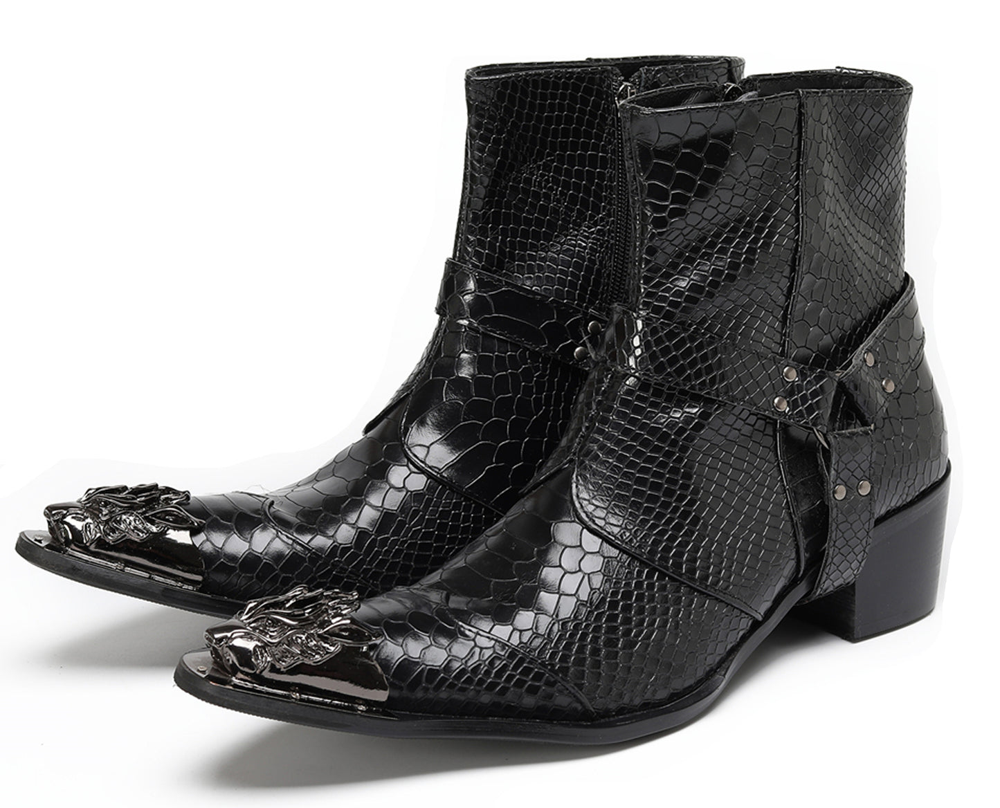 Mens Black Crocodile Print Metal Lion Head Cowboy Western Boots