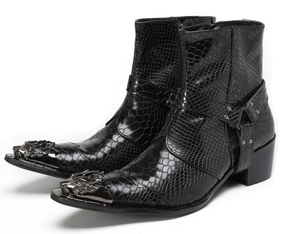 Mens Black Crocodile Print Metal Lion Head Cowboy Western Boots