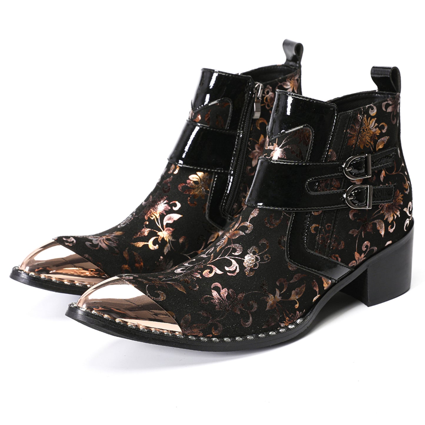Mens Floral Leather Metal Pointed Toe Buckle Ankle Western Boots