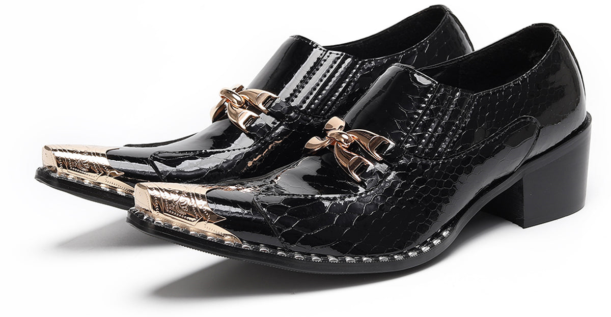 Mens Metal Tip Toe Chain Buckle Exotic Crocodile Pattern Western Loafers