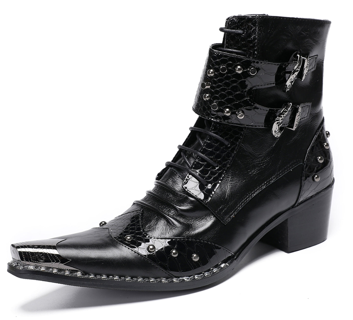 Mens Genuine Leather Metal Pointed Toe Belt Buckles Cowboy Western Boots