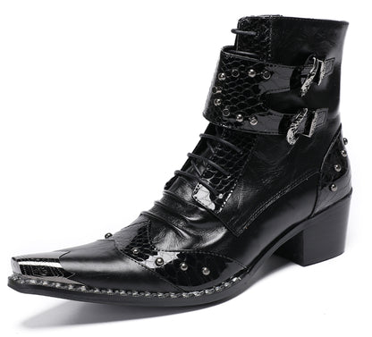 Mens Genuine Leather Metal Pointed Toe Belt Buckles Cowboy Western Boots