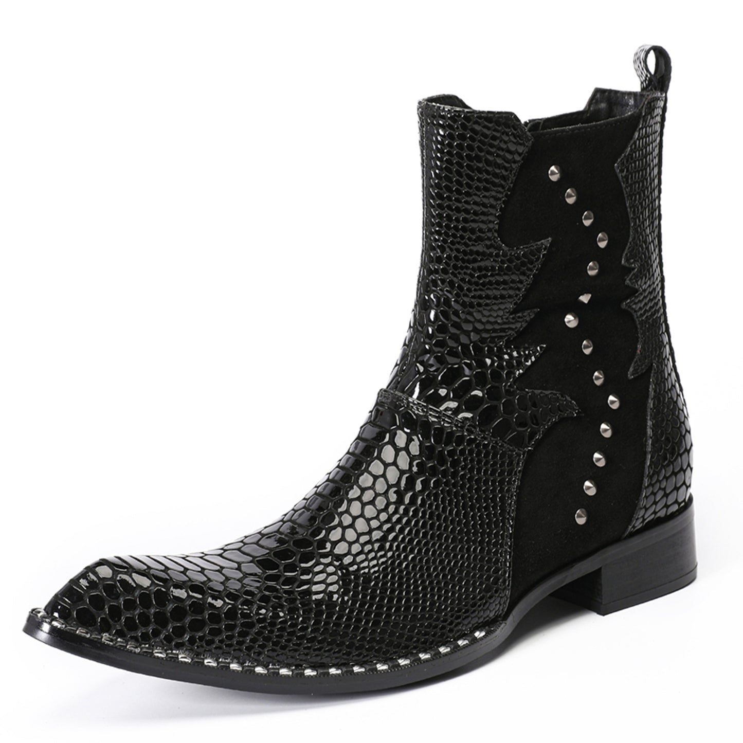 Mens Top-Grain Leather Snake-Embossed Studded Western Cowboy Ankle Boots