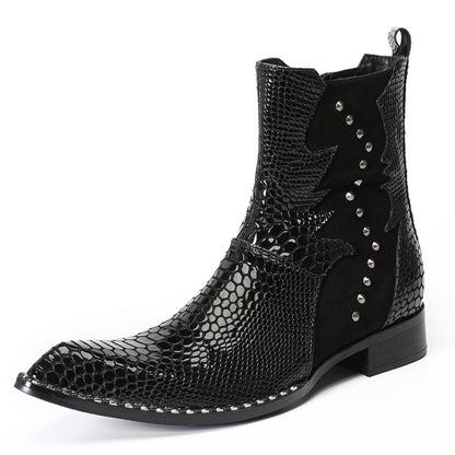 Mens Top-Grain Leather Snake-Embossed Studded Western Cowboy Ankle Boots