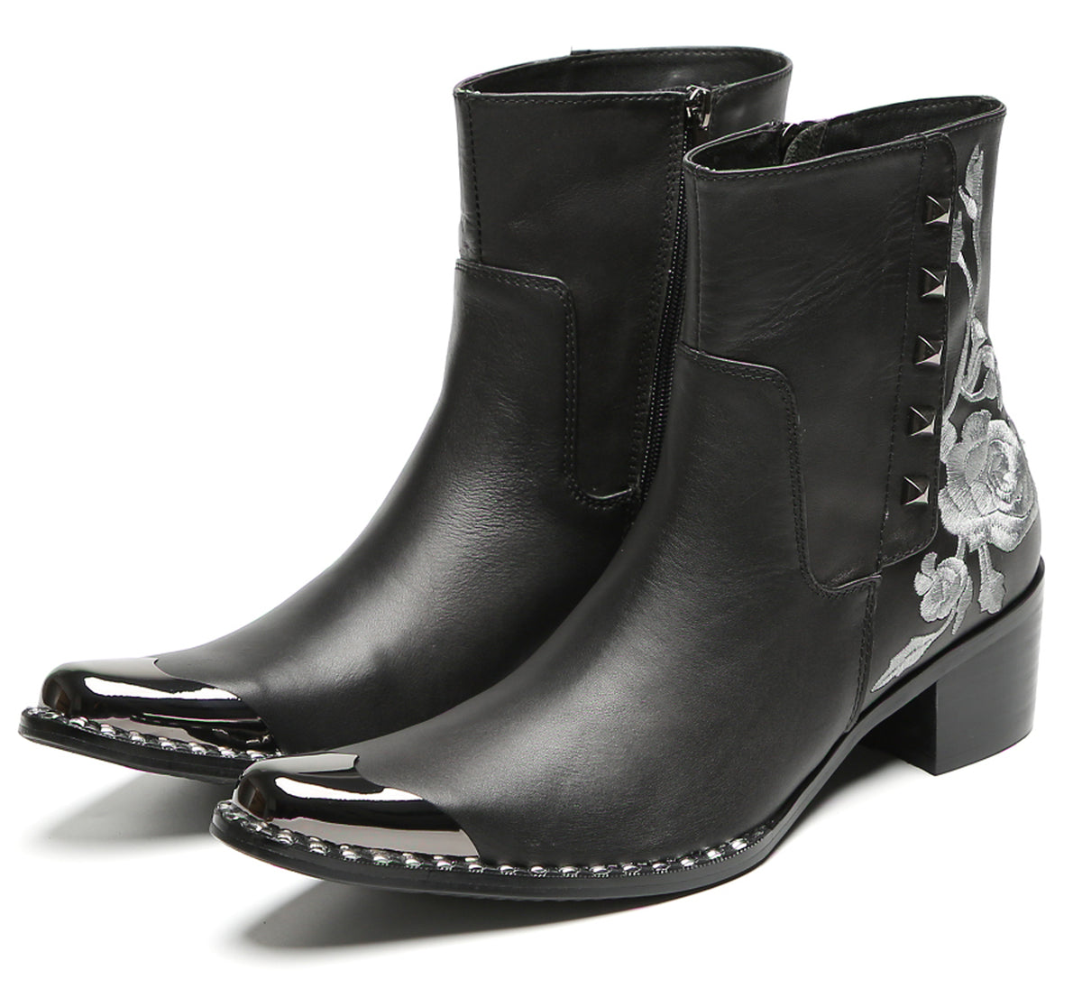 Mens Embroidered Rose Side Zip Metal Toe Cowboy Western Boots