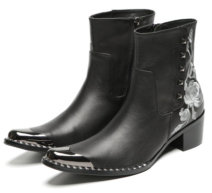 Mens Embroidered Rose Side Zip Metal Toe Cowboy Western Boots