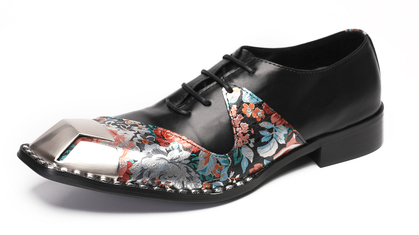 Mens Metal-Square Toe Leather Two-Toned Western Oxfords