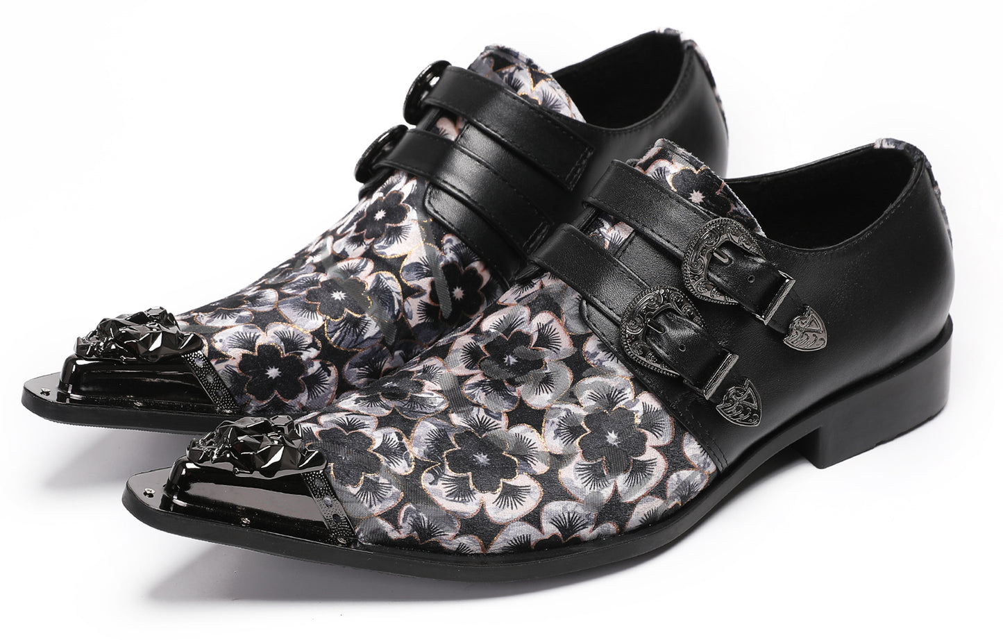 Mens Double Buckle Flower Embroidery Two-Tone Western Loafers