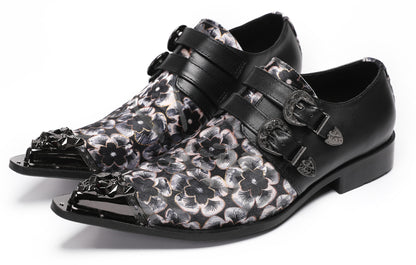 Mens Double Buckle Flower Embroidery Two-Tone Western Loafers
