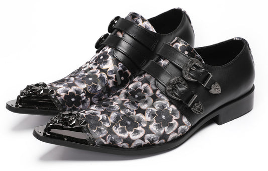 Mens Double Buckle Flower Embroidery Two-Tone Western Loafers