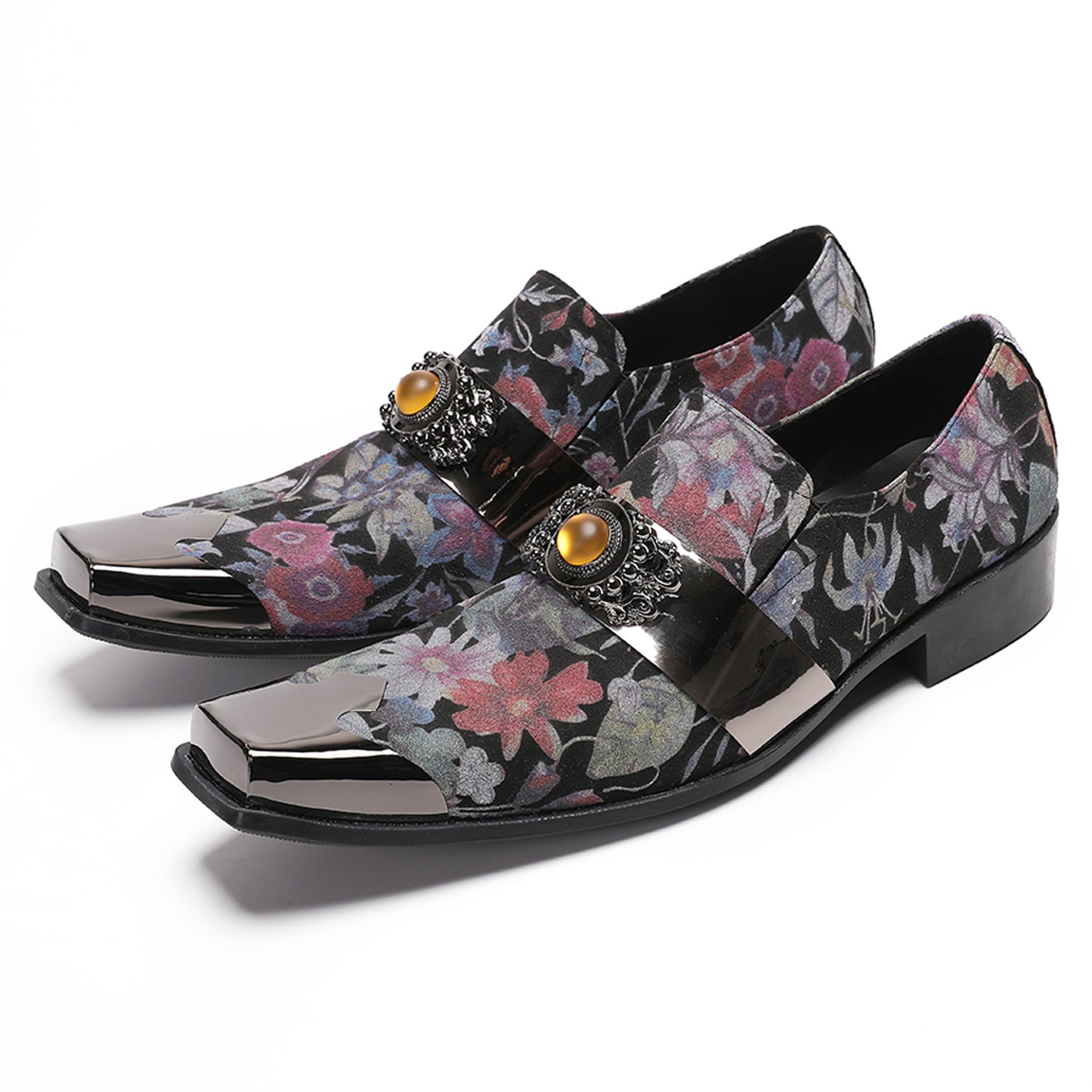 Men¡¯s Handmade Floral Top-Grain Leather Metal Square Toe Loafers